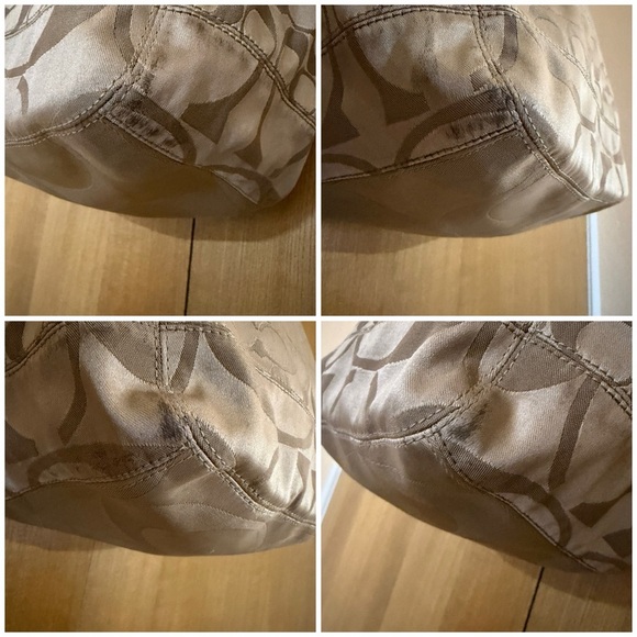 Coach Signature Stripe Khaki Satin Tote Bag Brown Leather Trim Style 14449 - Picture 11 of 16